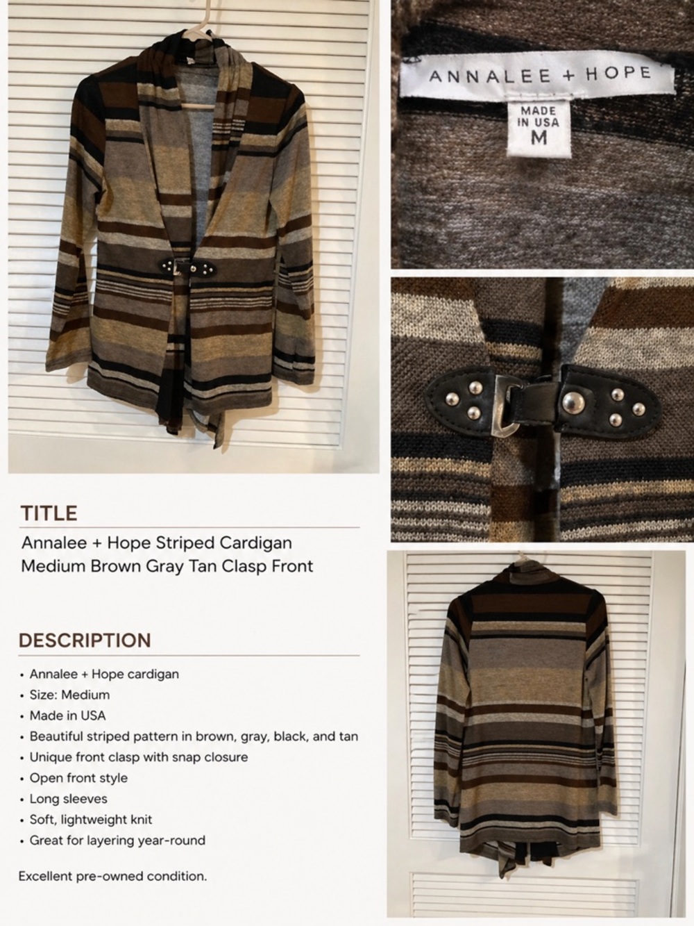 Annalee + Hope Striped Hooded Open-Front Cardigan in Brown Gray Tan